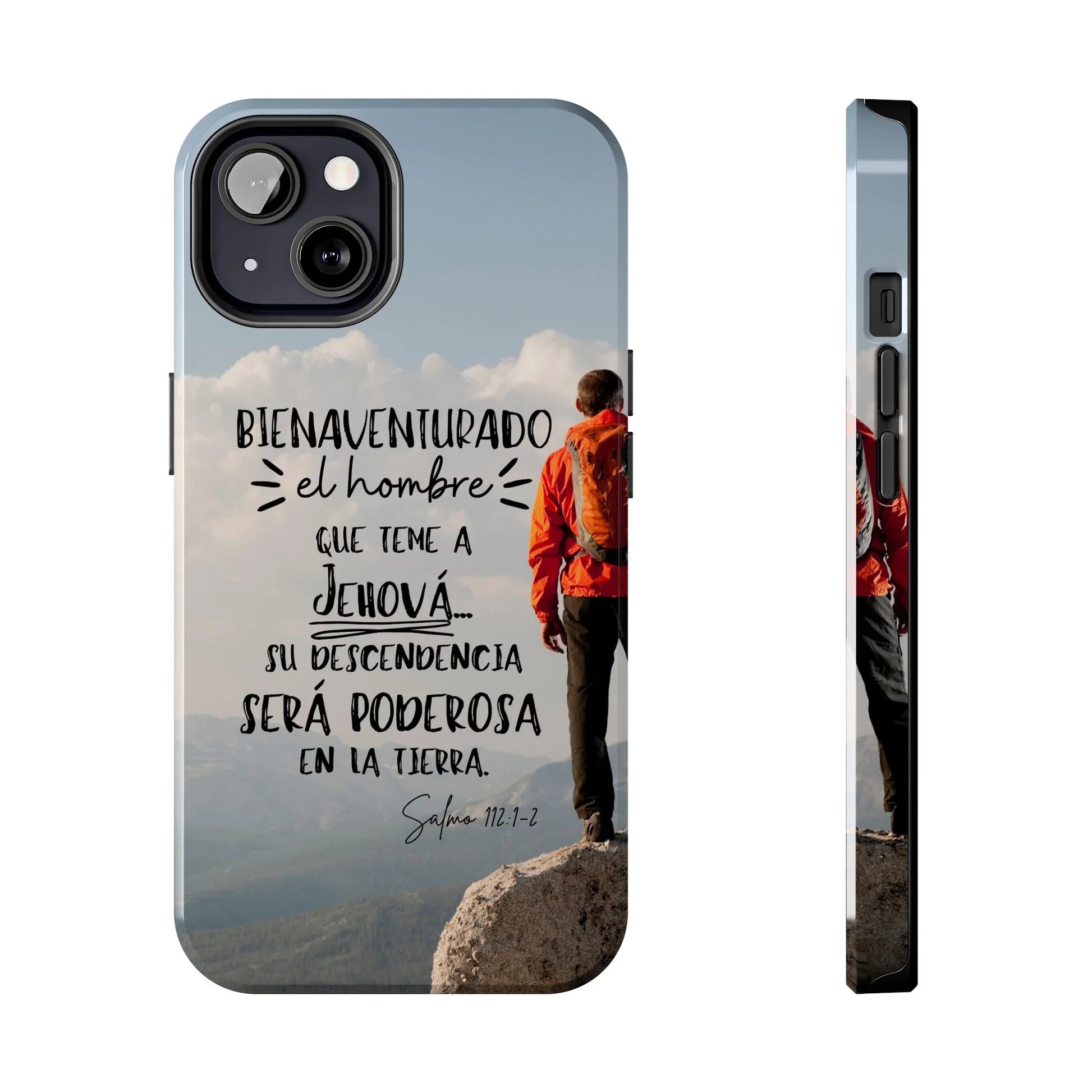 Christian phone case with hiker on mountain, Spanish Bible verse, faith inspiration design
