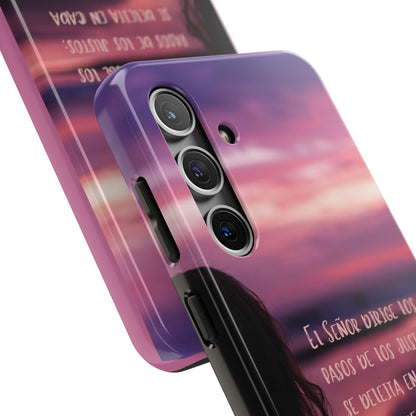 Phone case with Christian Scripture in Spanish, sunset colors, inspirational faith design