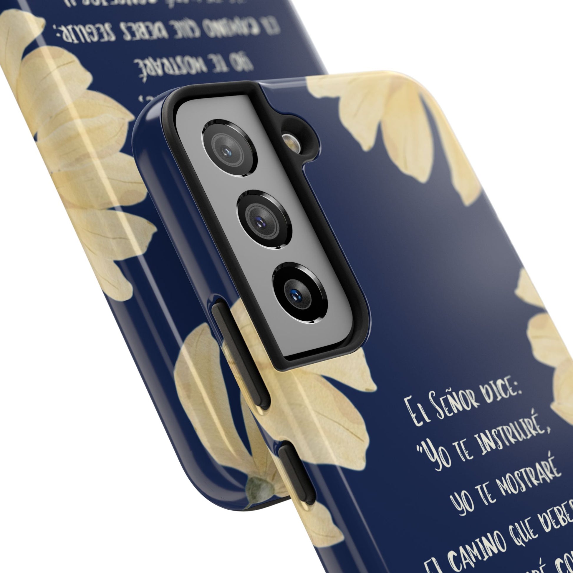 Christian phone case with Spanish Scripture, blue background, and yellow floral design