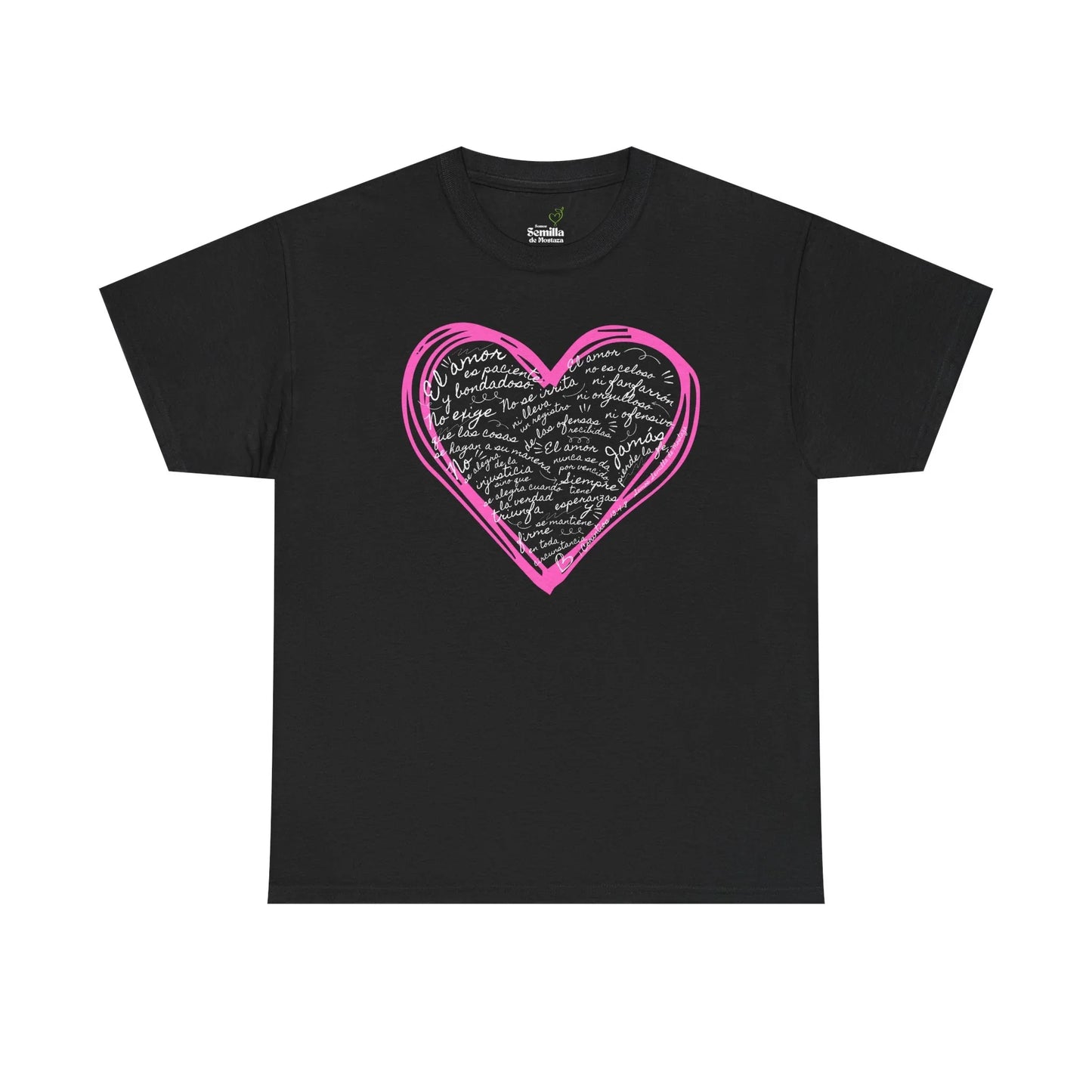 Black Christian t-shirt with pink heart and Spanish inspirational words in white script
