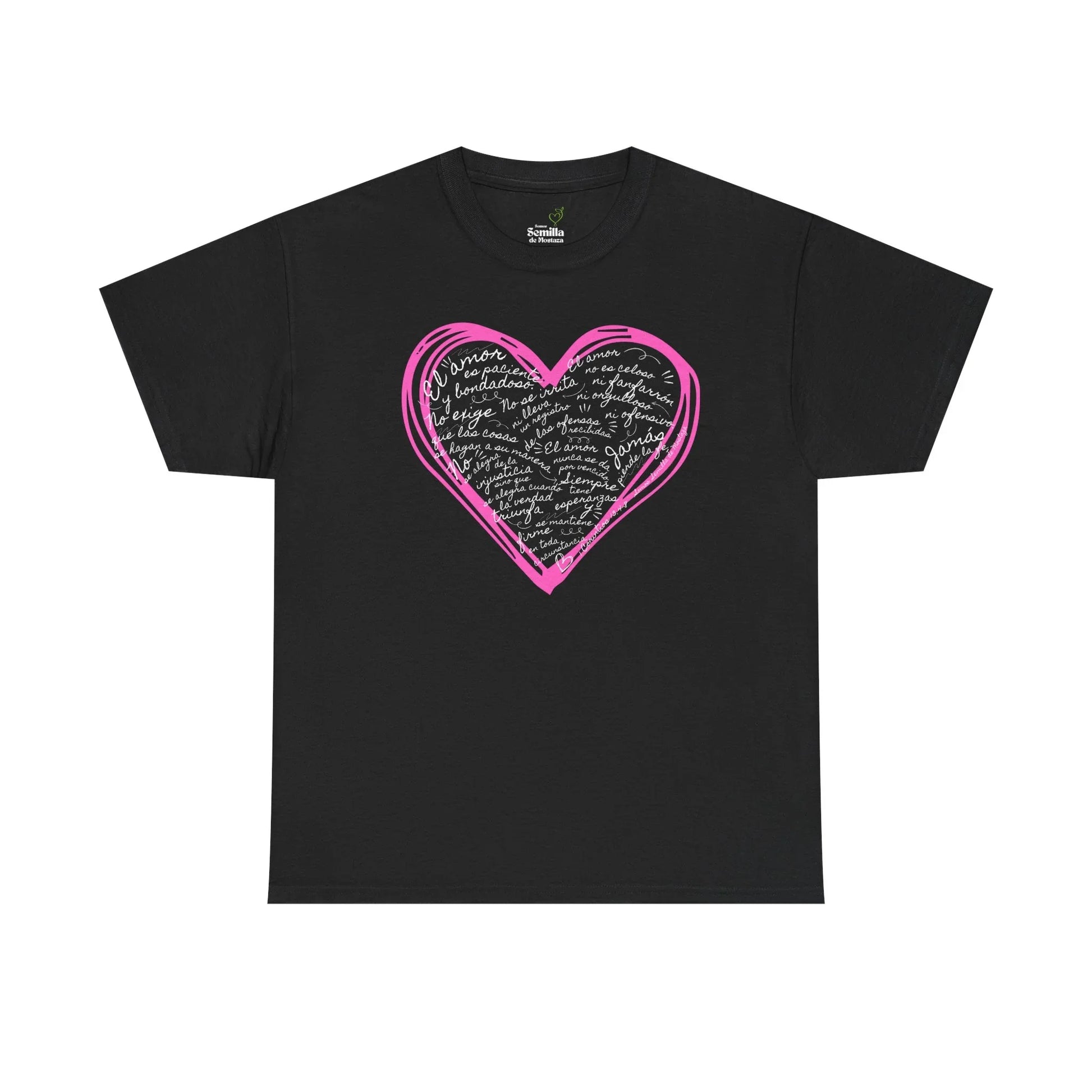 Black Christian t-shirt with pink heart and Spanish inspirational words in white script