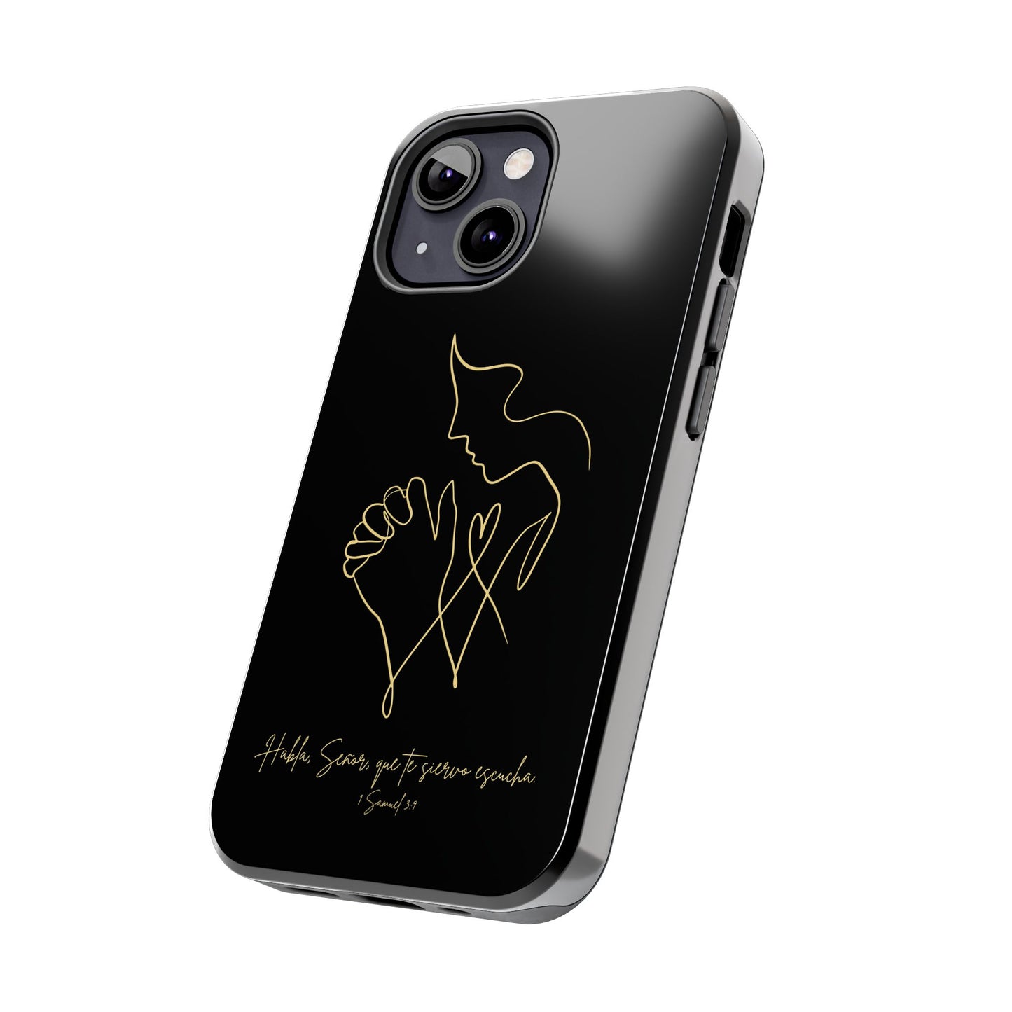 Black phone case with gold line art praying figure, Christian Spanish Scripture design