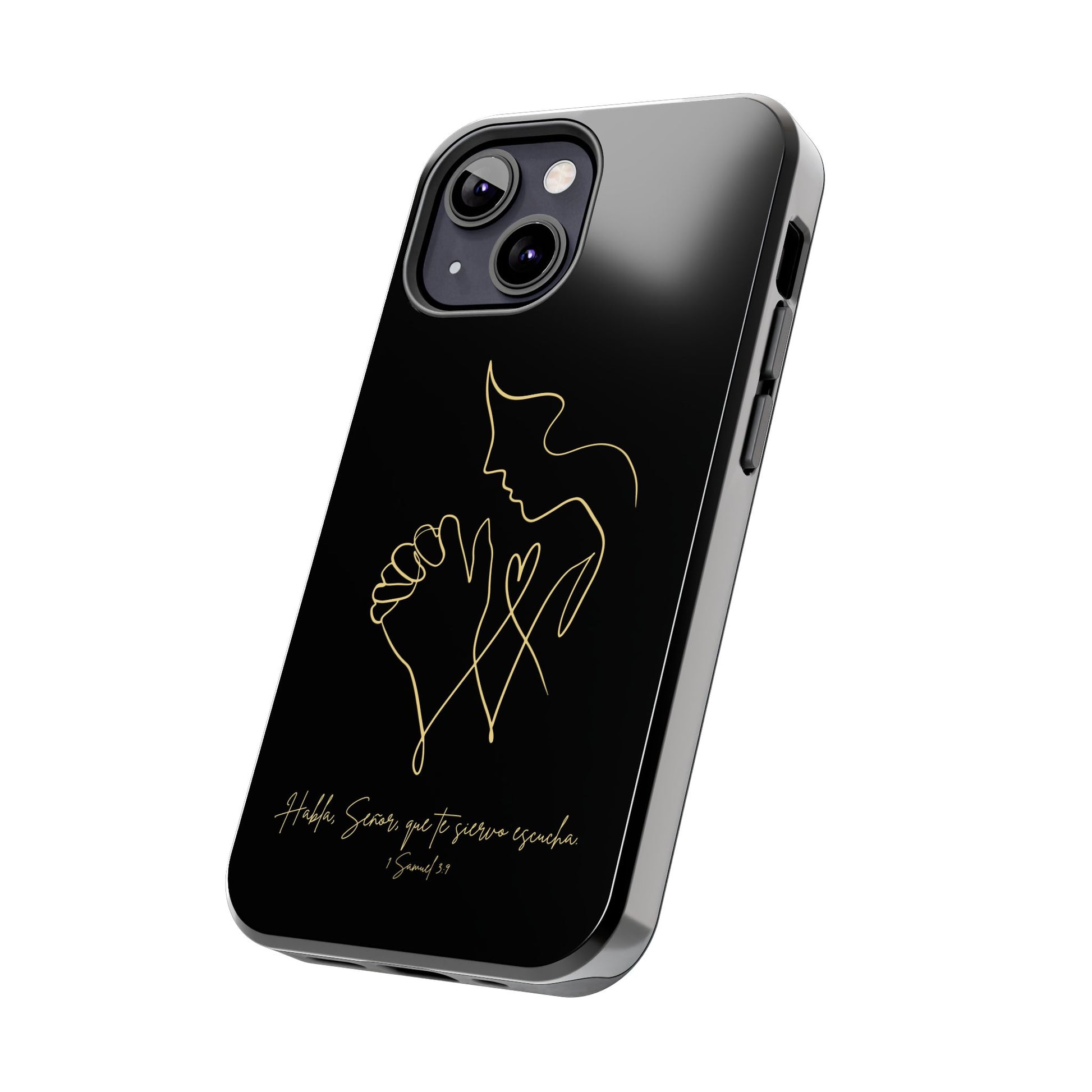Black phone case with gold line art praying figure, Christian Spanish Scripture design