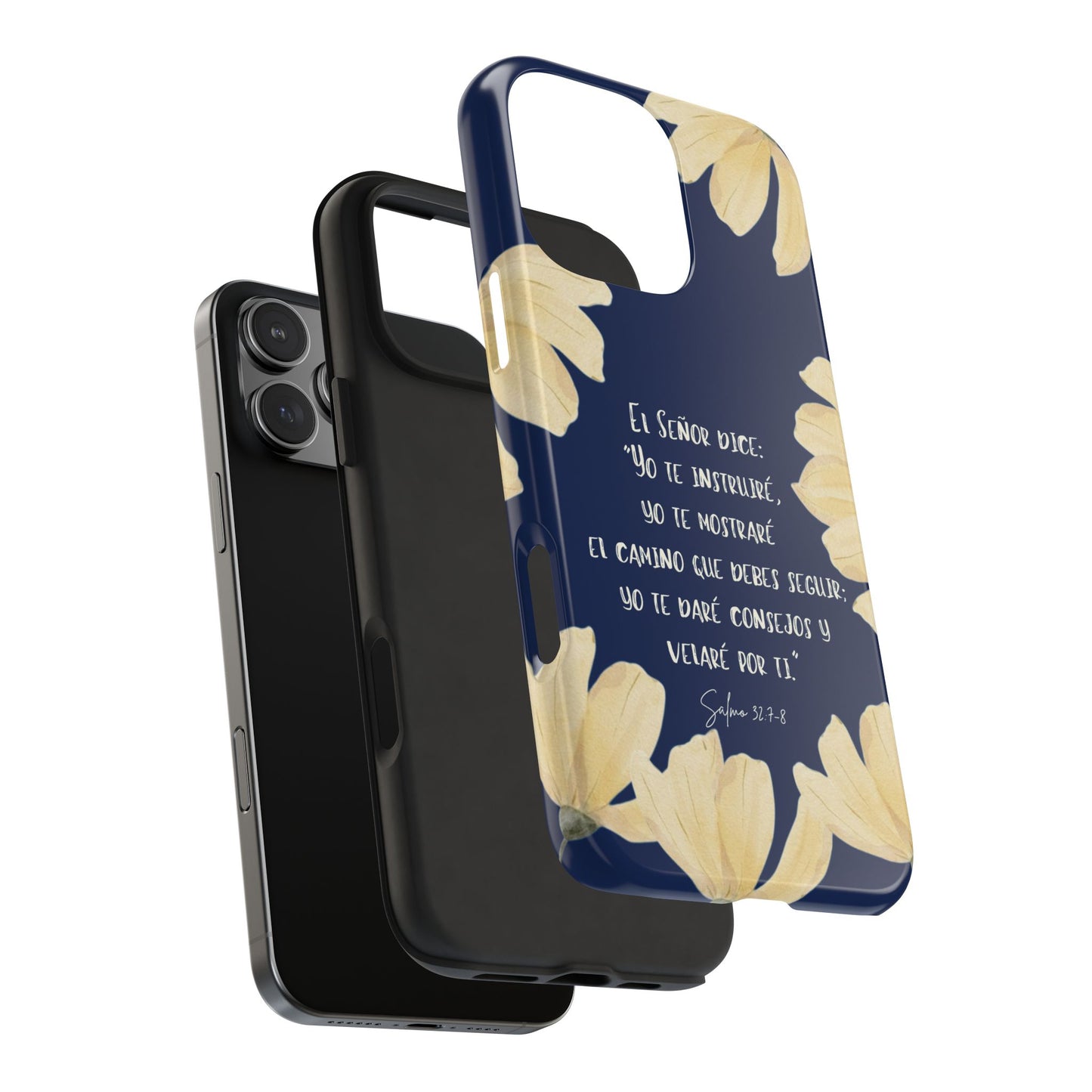 Christian phone case with Spanish Bible verse, yellow flowers on navy blue background