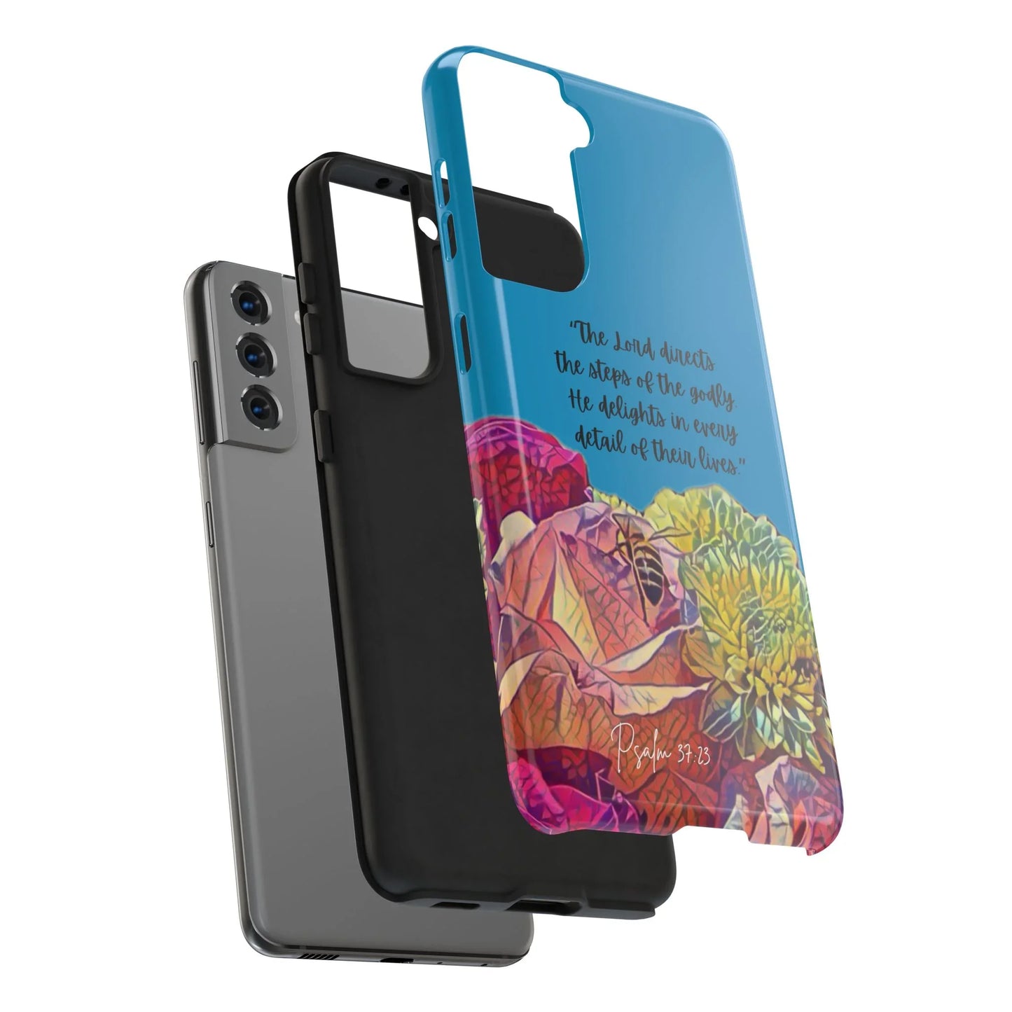 Christian floral phone case with Psalm 37:23 Scripture, blue background, modern design