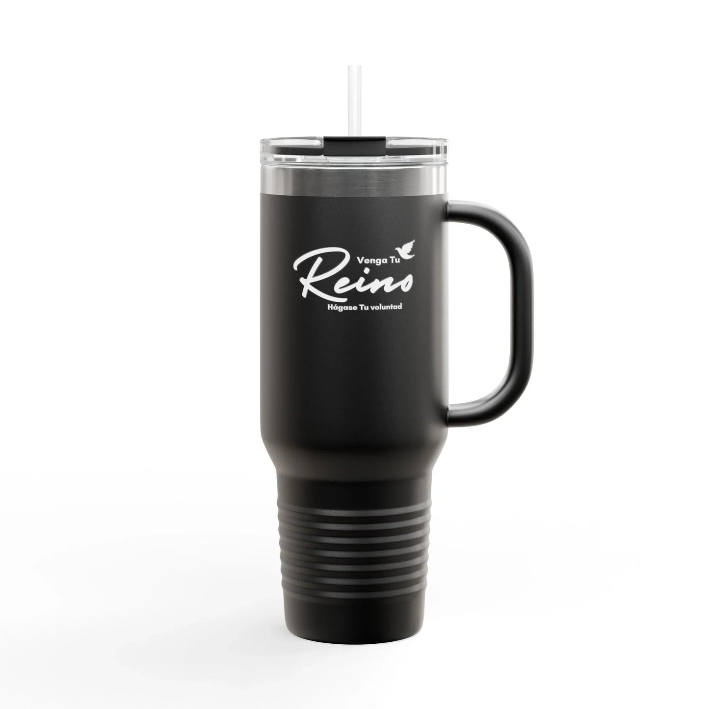 Black Christian travel mug with Spanish faith message, clear lid and straw on white background
