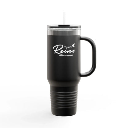 Black Christian travel mug with Spanish faith message, clear lid and straw on white background