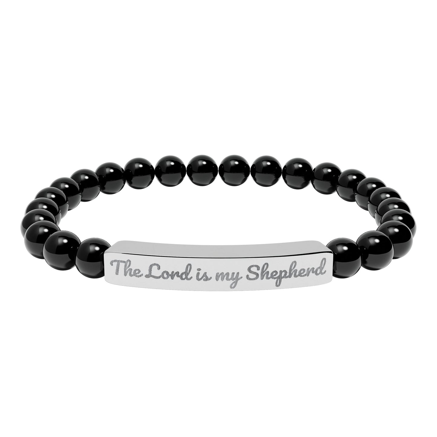 Black beaded Christian bracelet with silver bar engraved 'The Lord is my Shepherd'