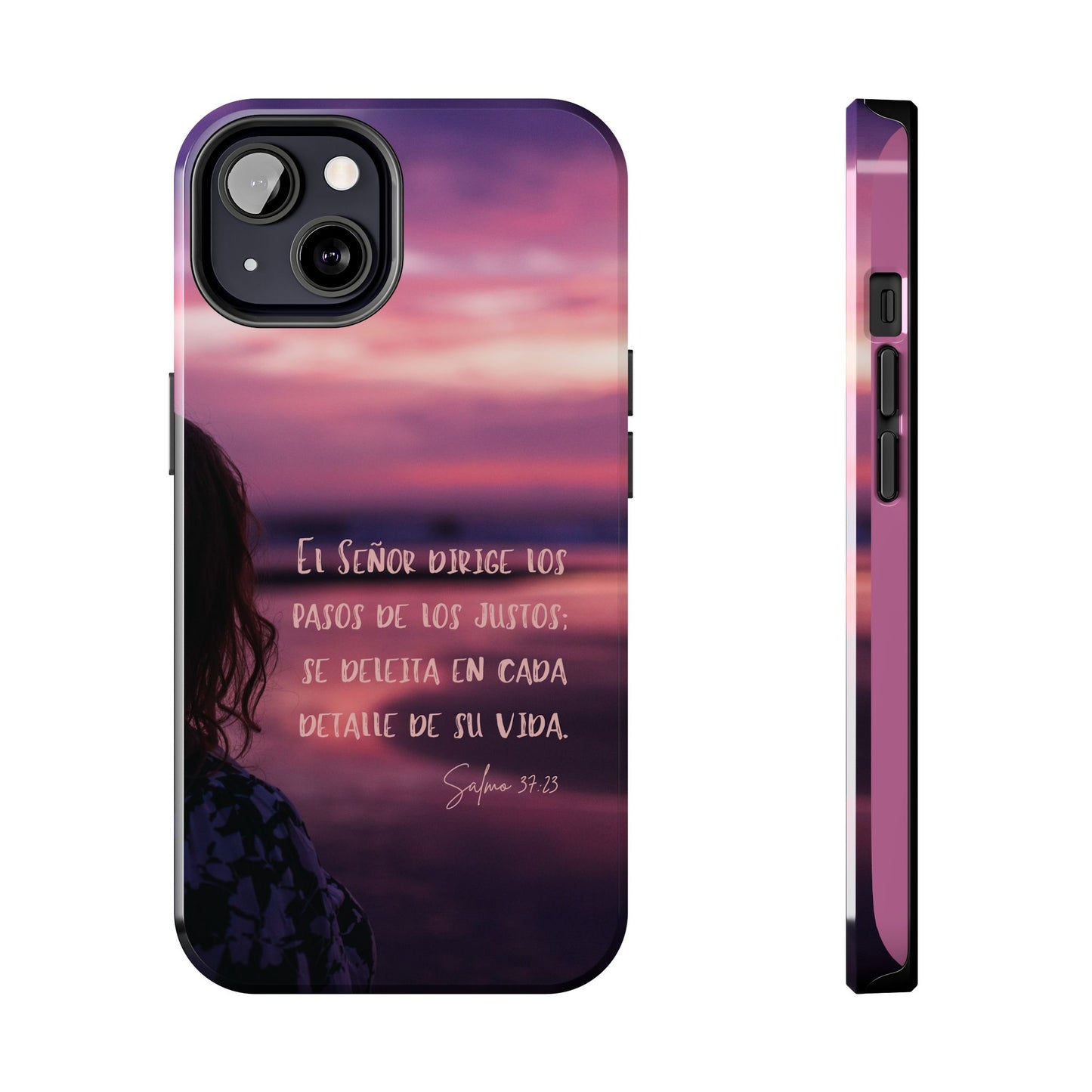Christian phone case with Psalm 37:23 Bible verse, sunset background, faith gift idea
