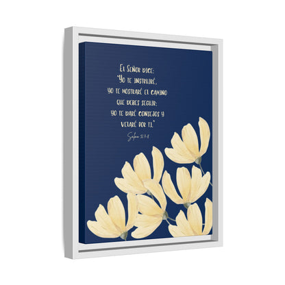 Christian wall art with Spanish Bible verse and yellow flowers on navy background