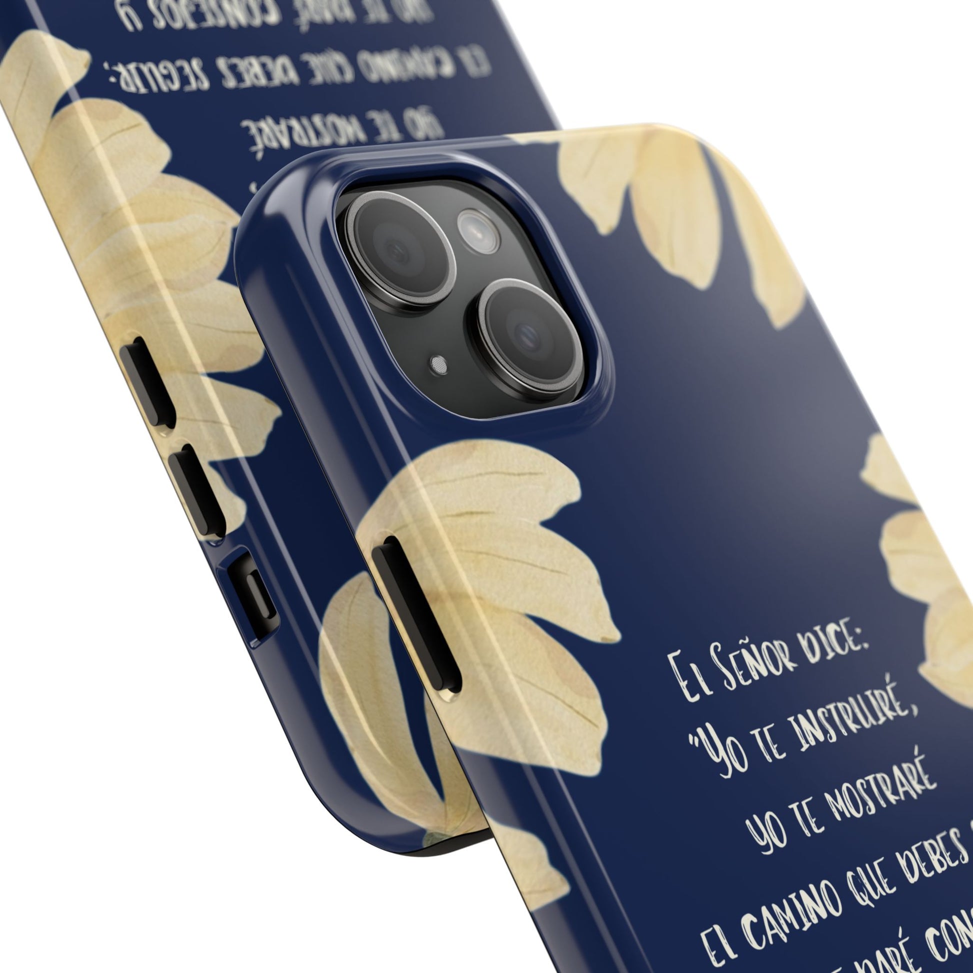 Navy blue phone case with yellow floral design and Spanish Bible verse text.