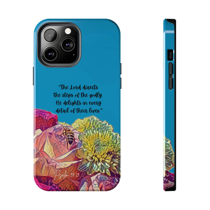 Blue phone case with Scripture quote, colorful floral design, Christian inspirational gift.