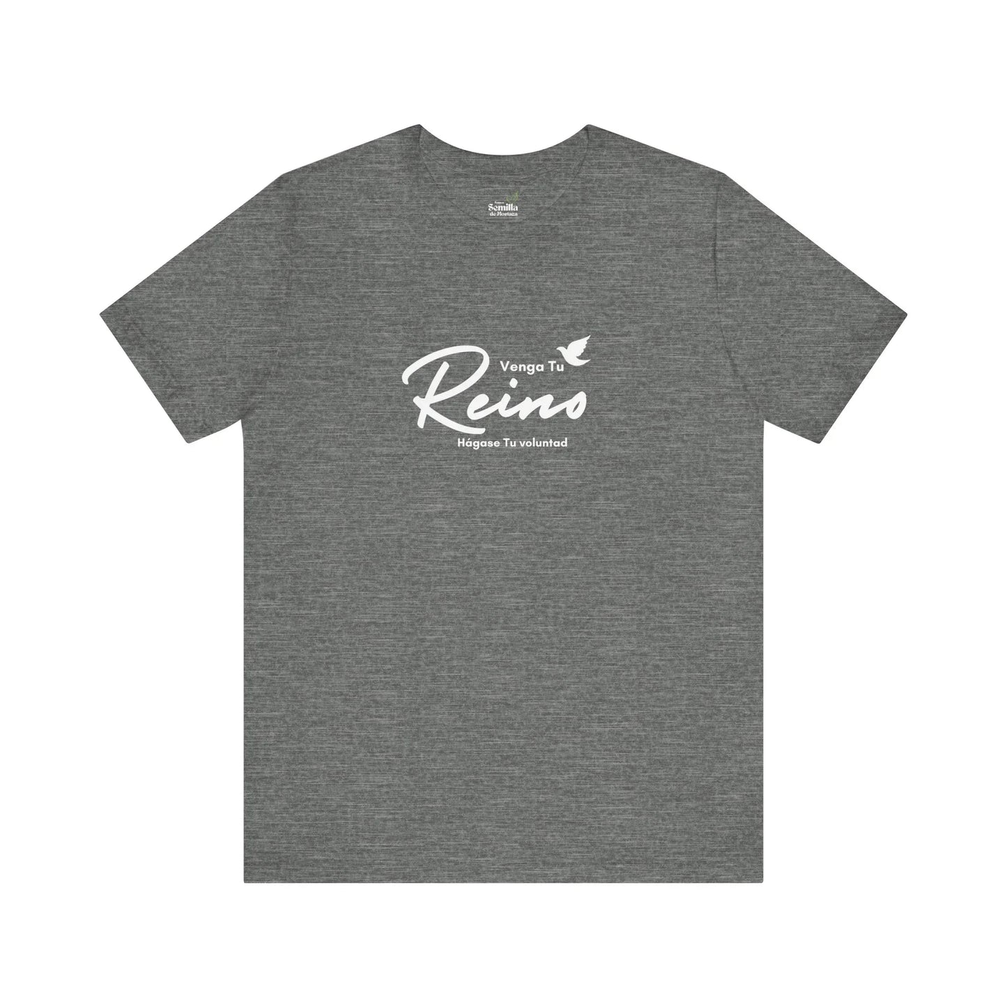 Gray Christian t-shirt with white Spanish text 'Venga Tu Reino' and a small dove graphic