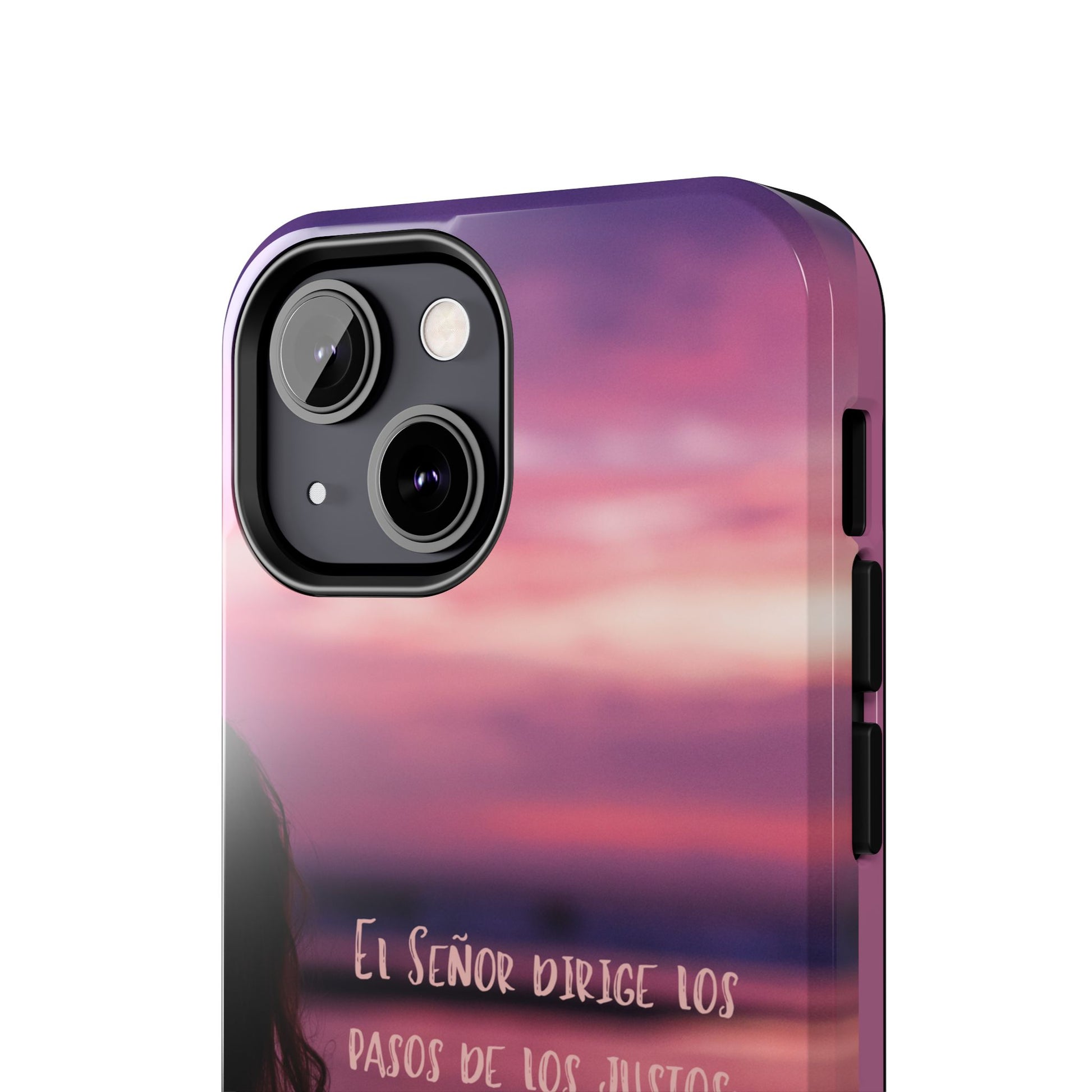 Christian phone case with Spanish Scripture text and sunset design