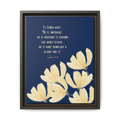 Christian wall art with yellow flowers, Spanish Bible verse, navy background, home decor