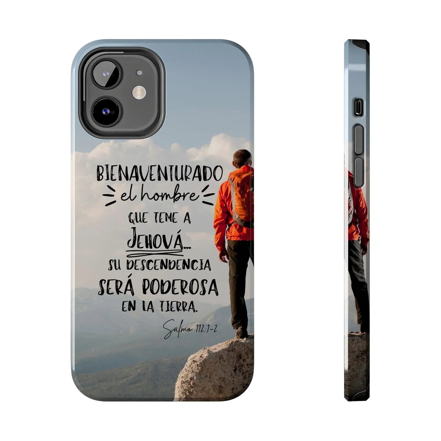 Christian phone case with Psalm 112:1-2 in Spanish, hiker on mountain with scenic view
