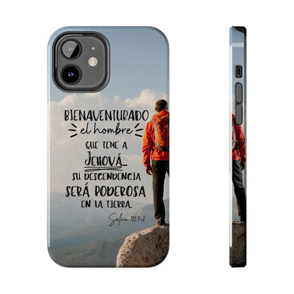 Christian phone case with Psalm 112:1-2 in Spanish, hiker on mountain with scenic view