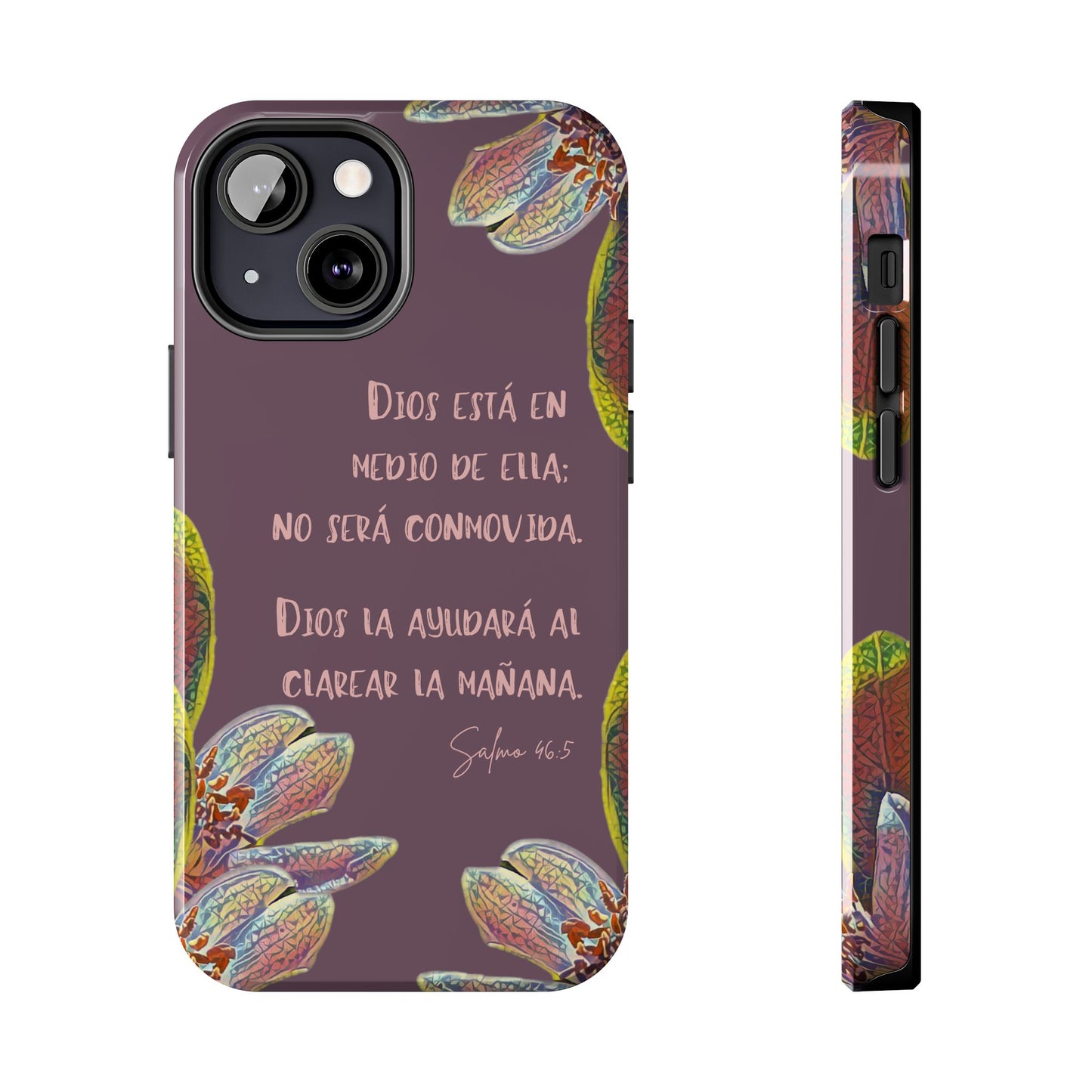Purple floral phone case with Spanish Bible verse Salmo 46:5 and Christian inspirational design