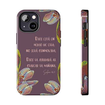 Purple floral phone case with Spanish Bible verse Salmo 46:5 and Christian inspirational design
