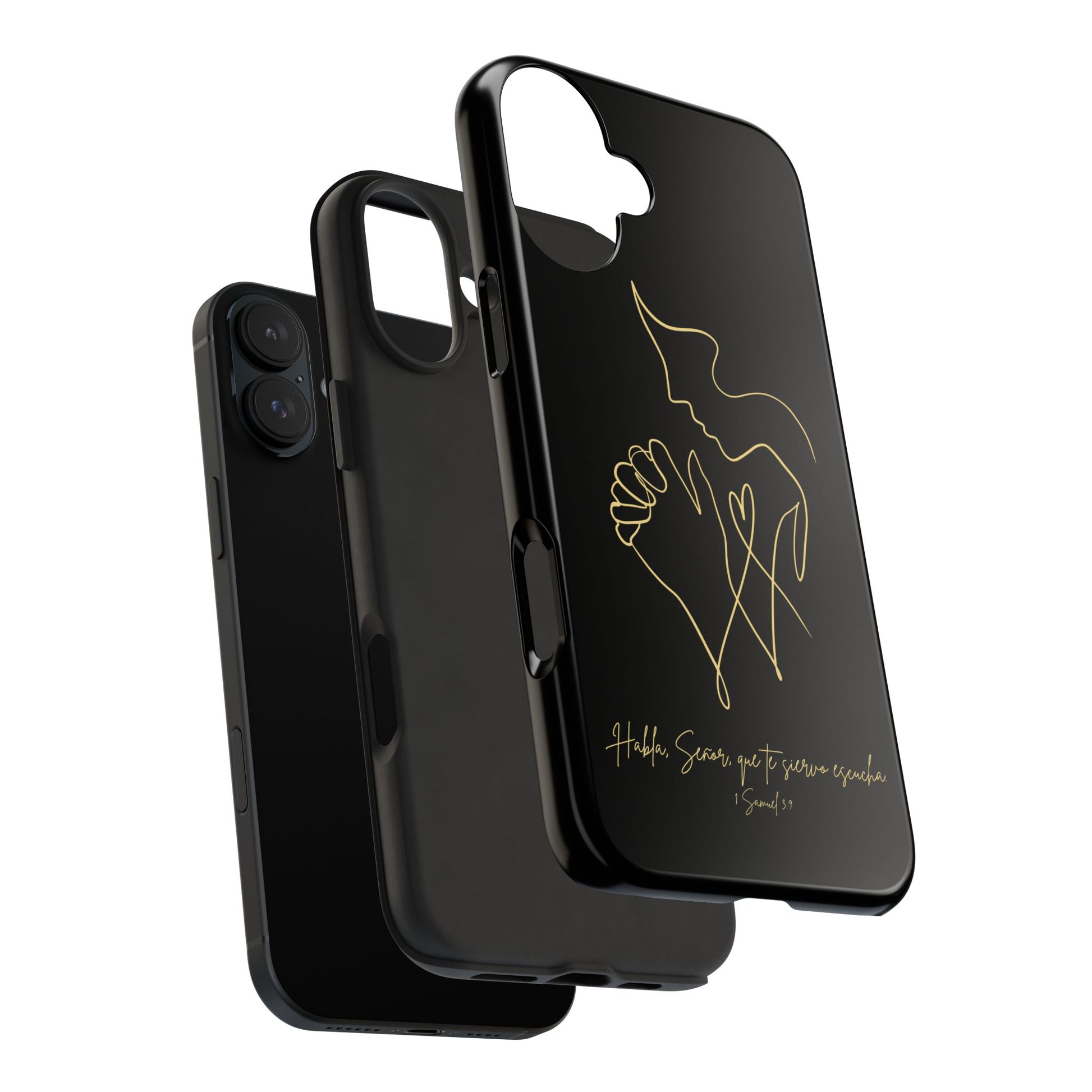 Black Christian phone case with gold minimalist praying hands and Spanish Scripture design