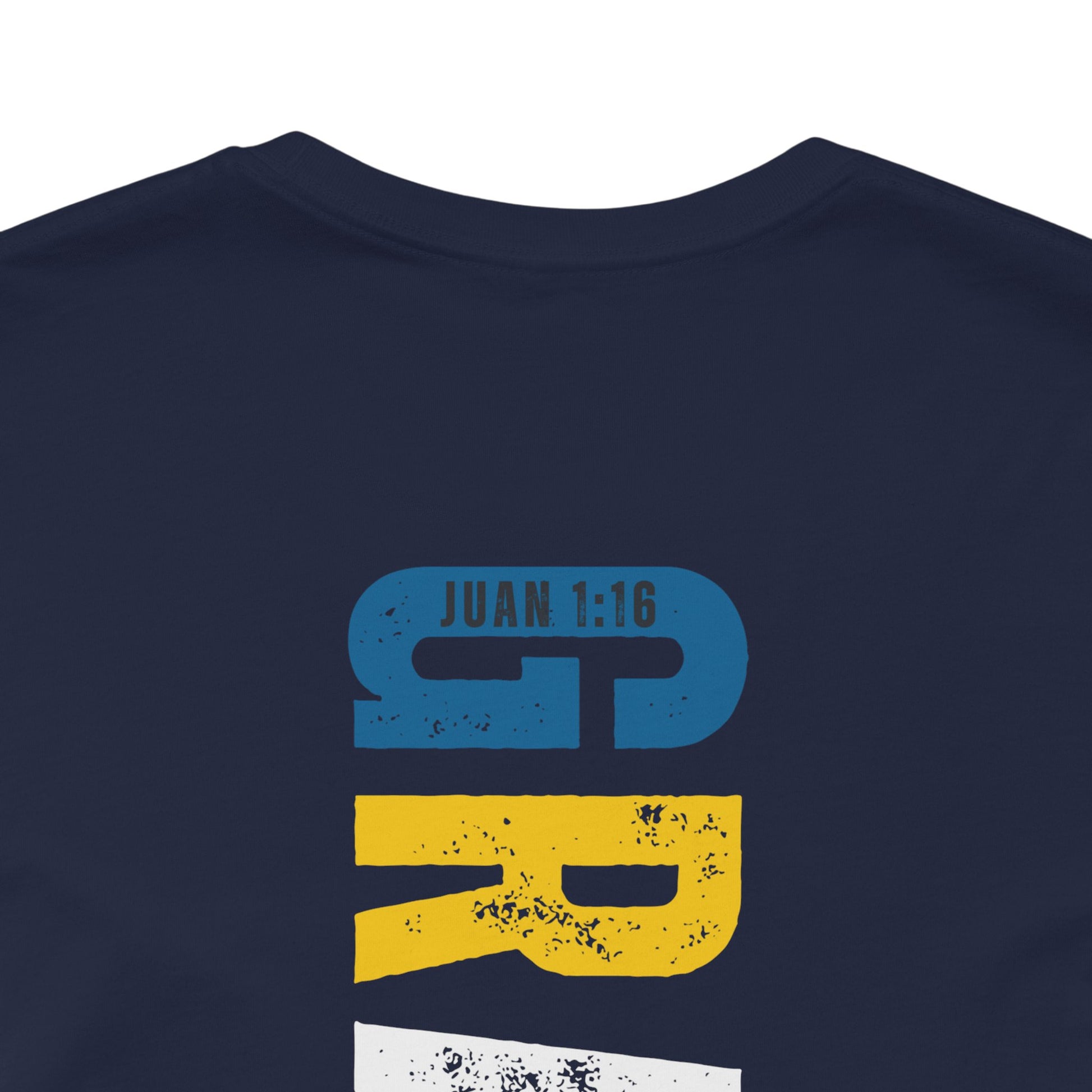 Christian t-shirt with bold JUAN 1:16 text in blue and yellow on navy fabric
