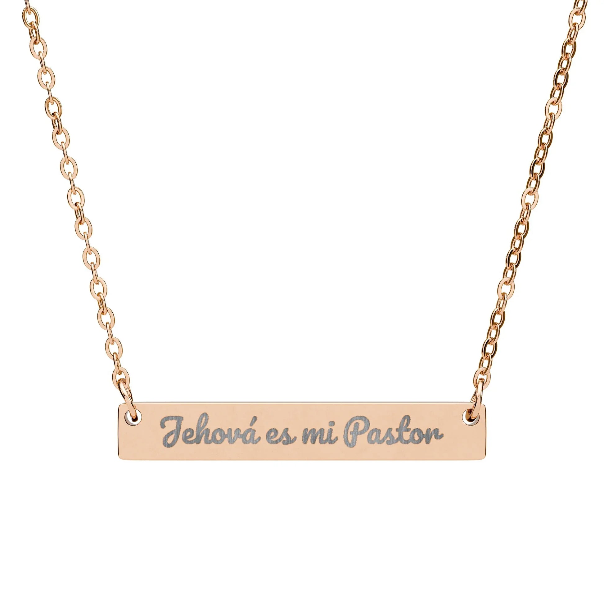 Gold bar necklace with engraved text Jehová es mi Pastor, Christian jewelry