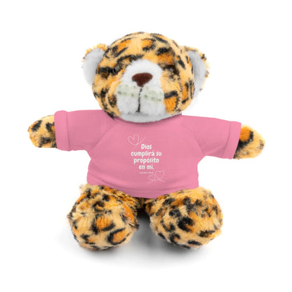 Leopard print plush toy wearing pink shirt with Spanish Christian inspirational quote.
