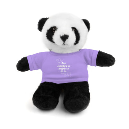 Plush panda toy wearing purple Christian faith shirt with Spanish Scripture text.