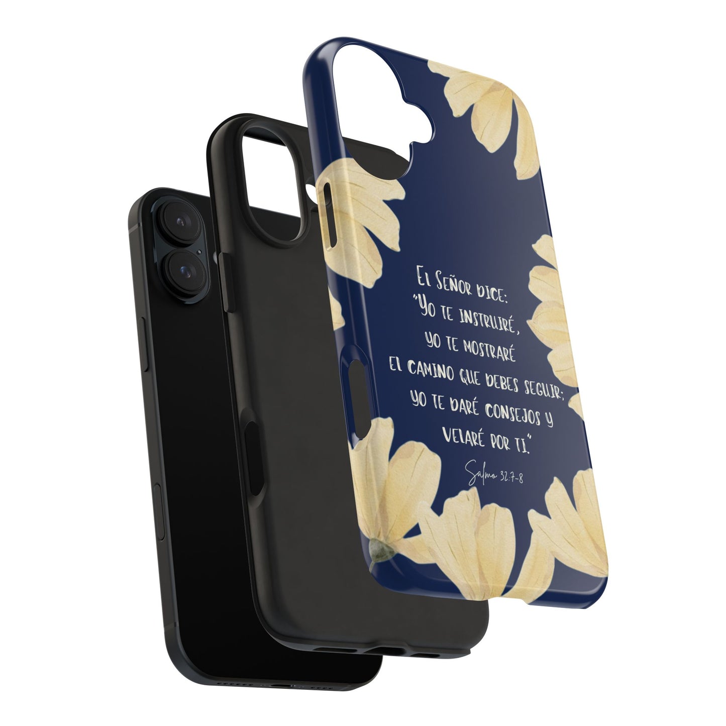 Christian floral phone case with Spanish Bible verse and yellow flowers on navy background