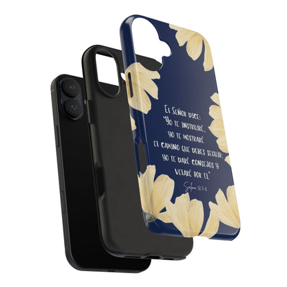 Christian floral phone case with Spanish Bible verse and yellow flowers on navy background