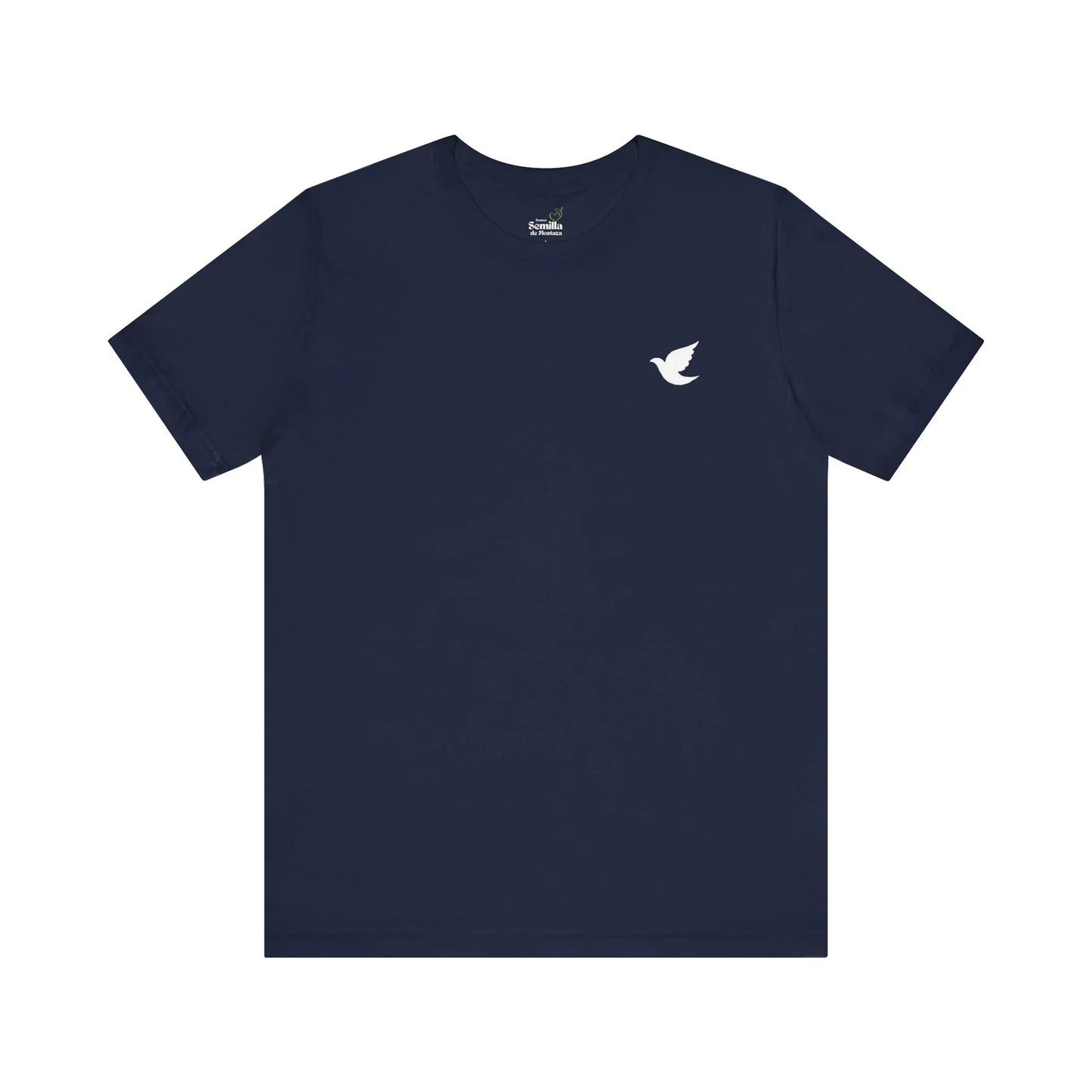 Navy blue Christian t-shirt with small white dove on chest, faith-inspired apparel
