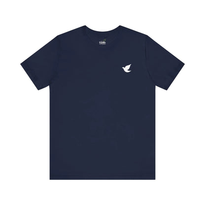 Navy blue Christian t-shirt with small white dove on chest, faith-inspired apparel