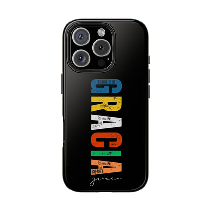 Black phone case with colorful "Gracia sobre gracia" Christian design and Juan 1:16 Scripture text.