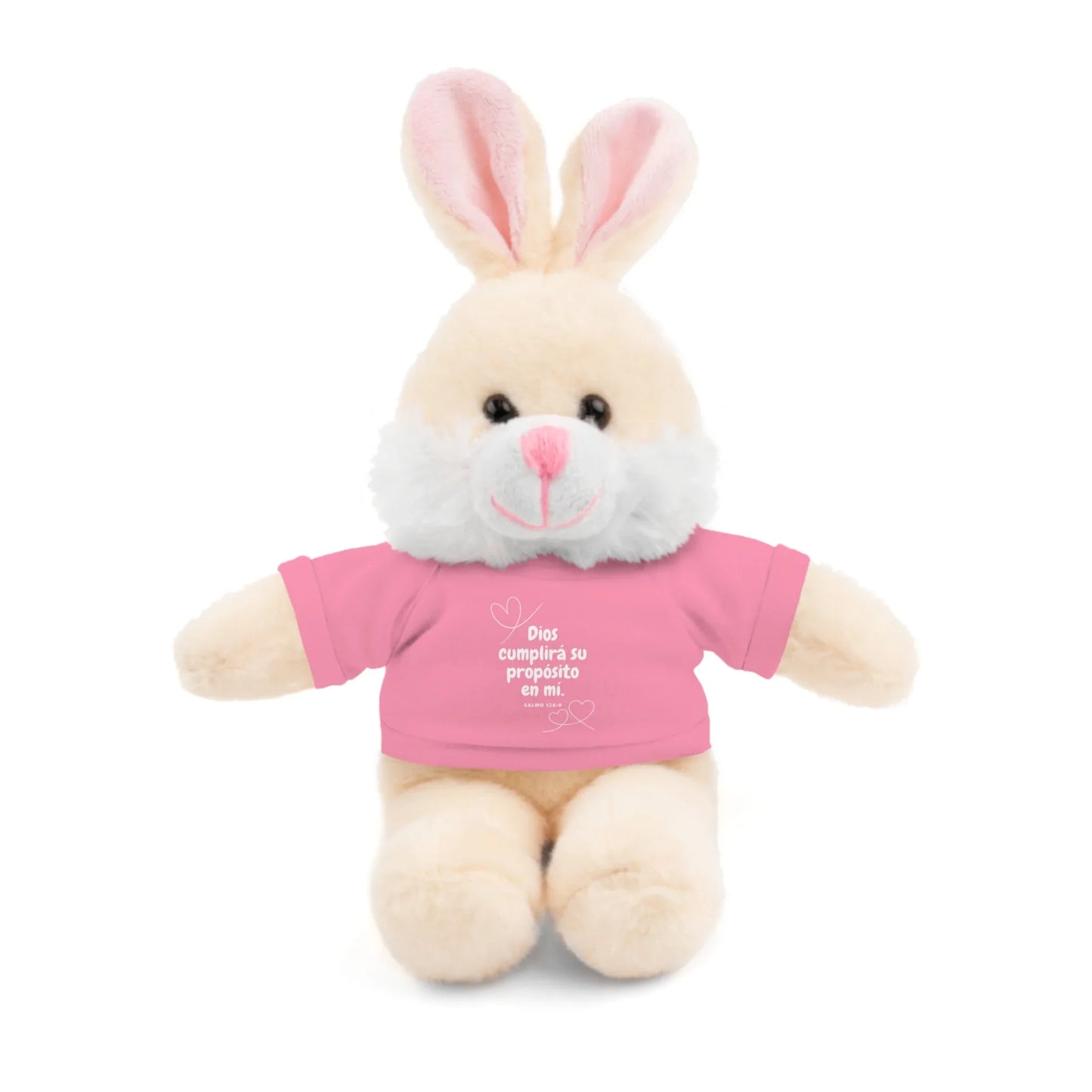 Plush bunny with pink shirt featuring Spanish Christian message and heart design