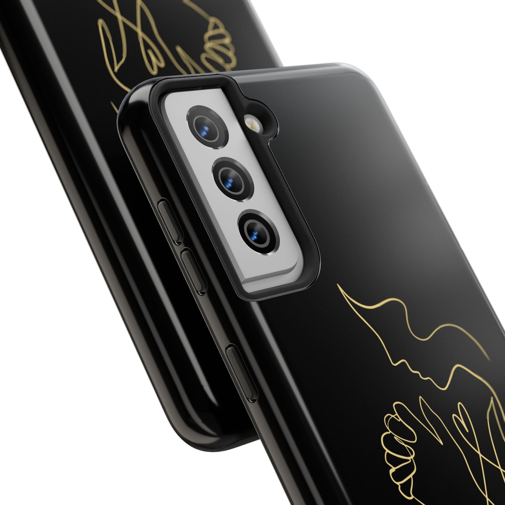 Black phone case with gold praying figure line art, modern Christian design