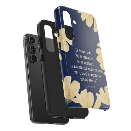 Christian phone case with Spanish Bible verse, yellow flowers on navy background