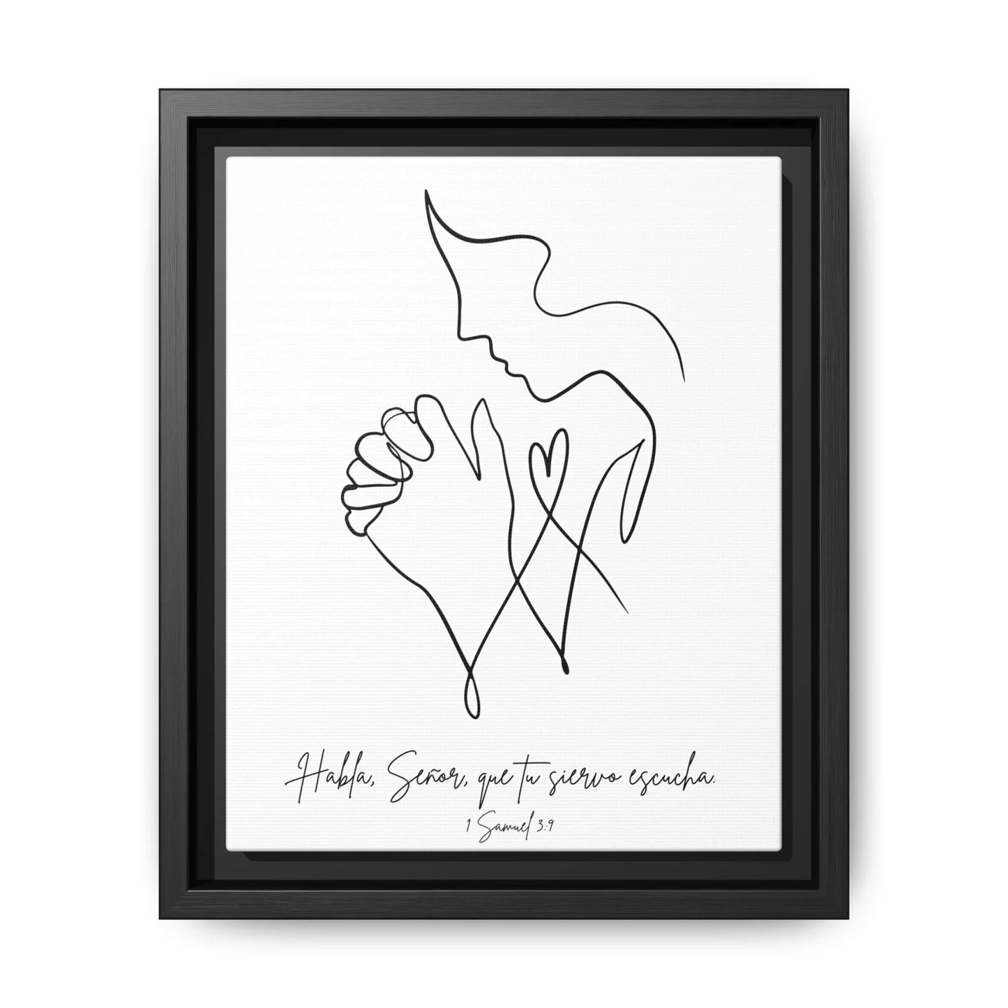 Modern Christian wall art with minimalist line drawing of praying figure and 1 Samuel 3:9 verse in Spanish.