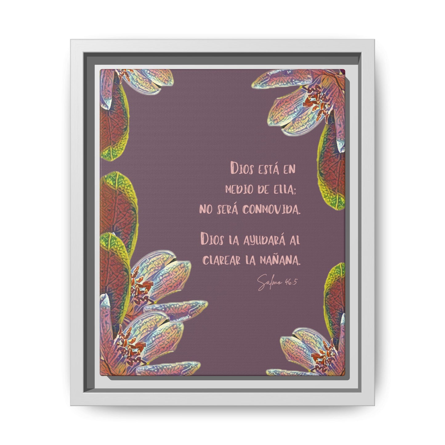 Framed Christian wall art with Psalm 46:5 in Spanish, floral accents on purple background