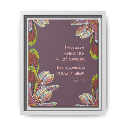 Framed Christian wall art with Psalm 46:5 in Spanish, floral accents on purple background