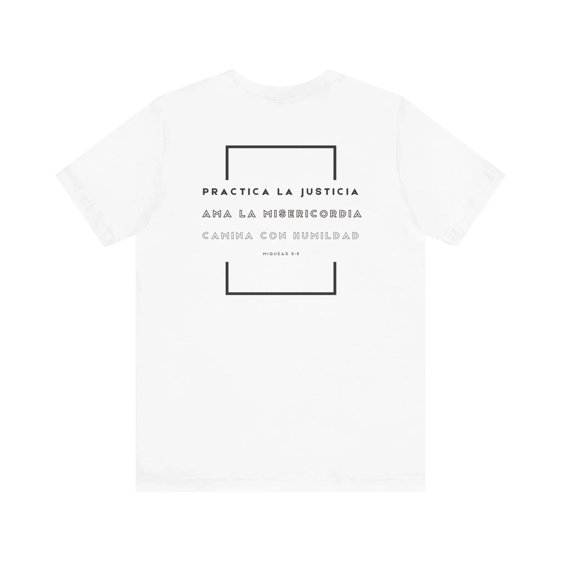 White Christian t-shirt with Spanish Micah 6:8 verse and minimalist black design