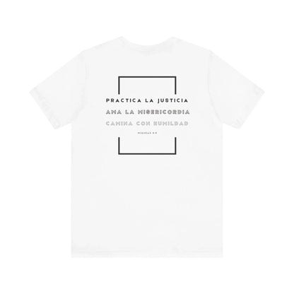 White Christian t-shirt with Spanish Micah 6:8 verse and minimalist black design
