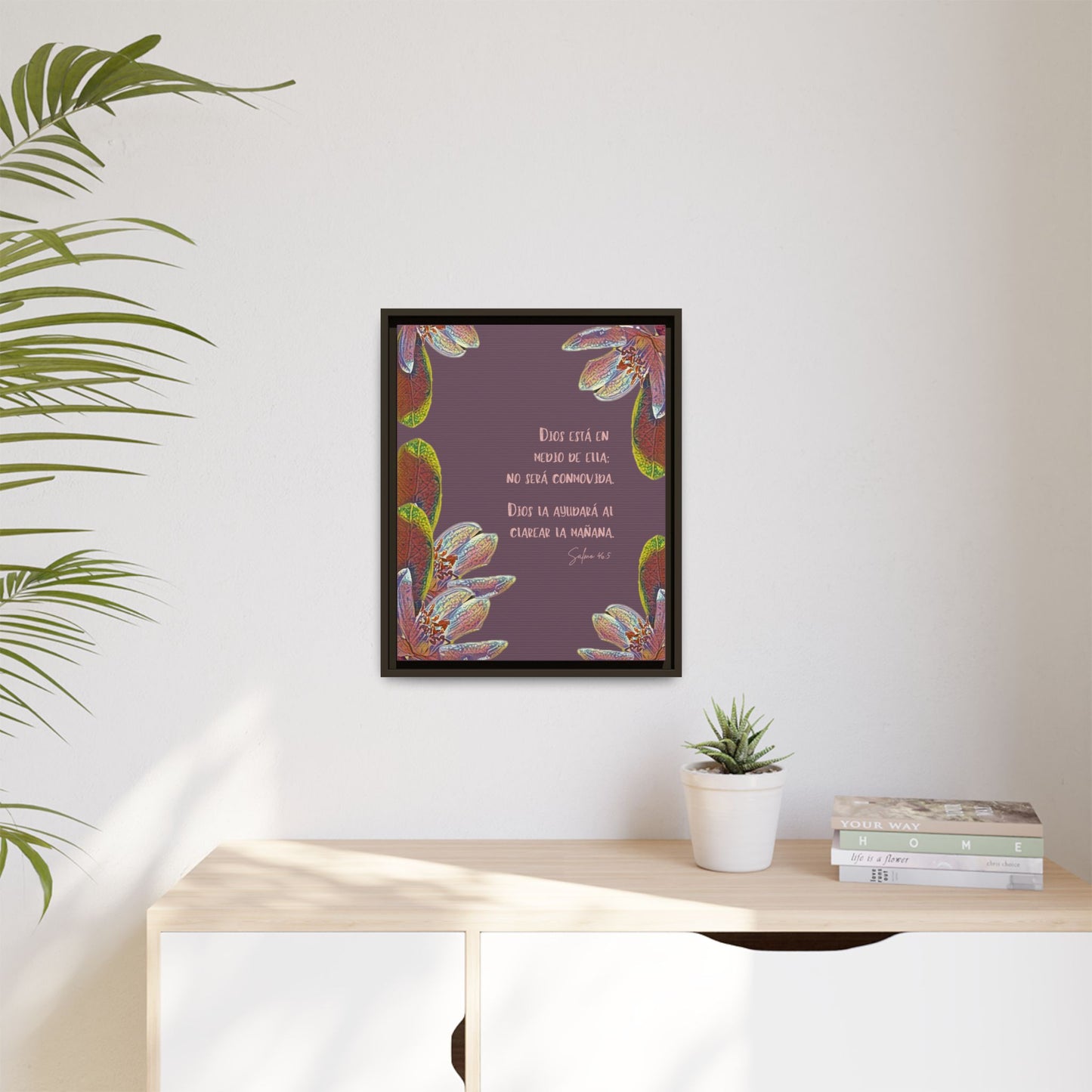 Framed Christian floral wall art with Spanish scripture, modern home decor, plant on cabinet
