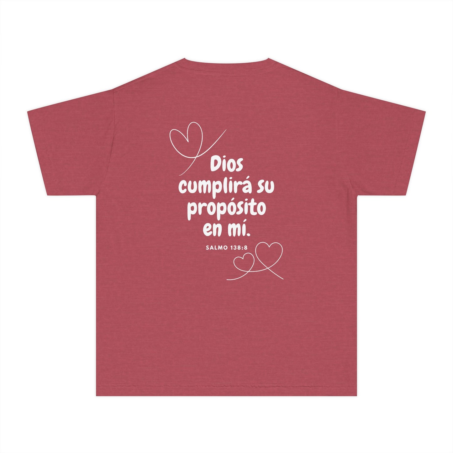 Mauve Christian t-shirt with Spanish Bible verse Salmo 138:8 and white heart designs