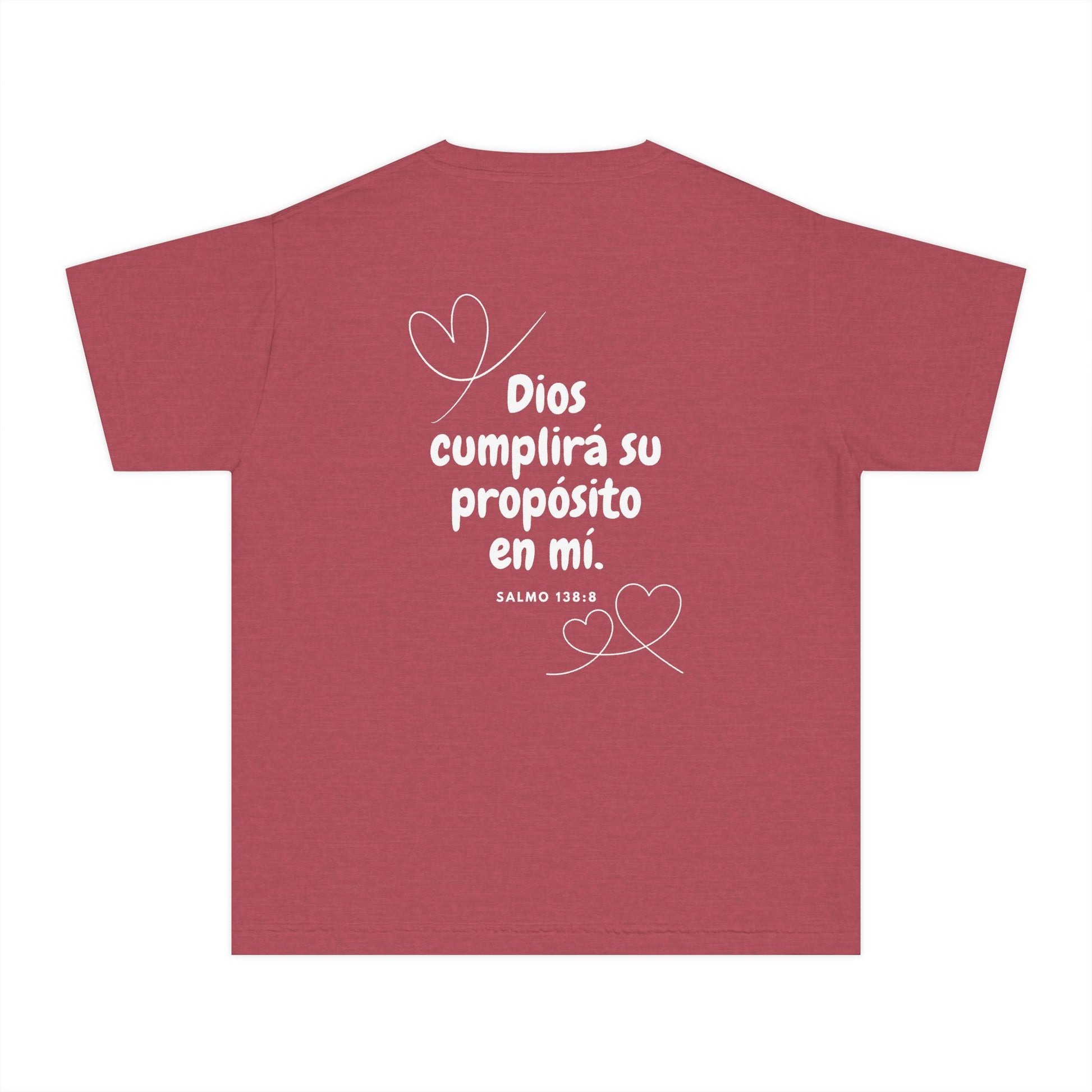 Mauve Christian t-shirt with Spanish Bible verse Salmo 138:8 and white heart designs