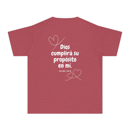 Mauve Christian t-shirt with Spanish Bible verse Salmo 138:8 and white heart designs