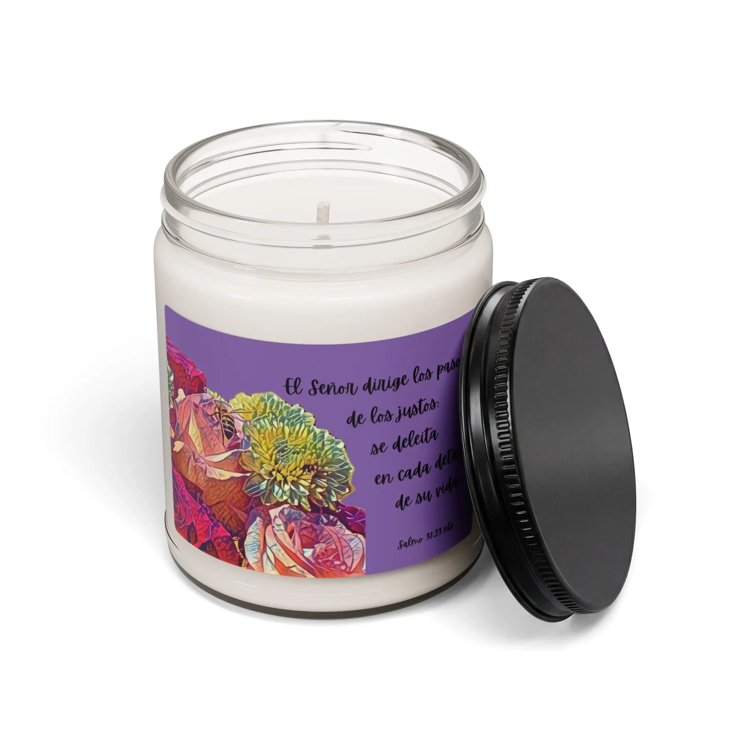 Christian candle with Spanish Bible verse, floral label, purple background, black lid