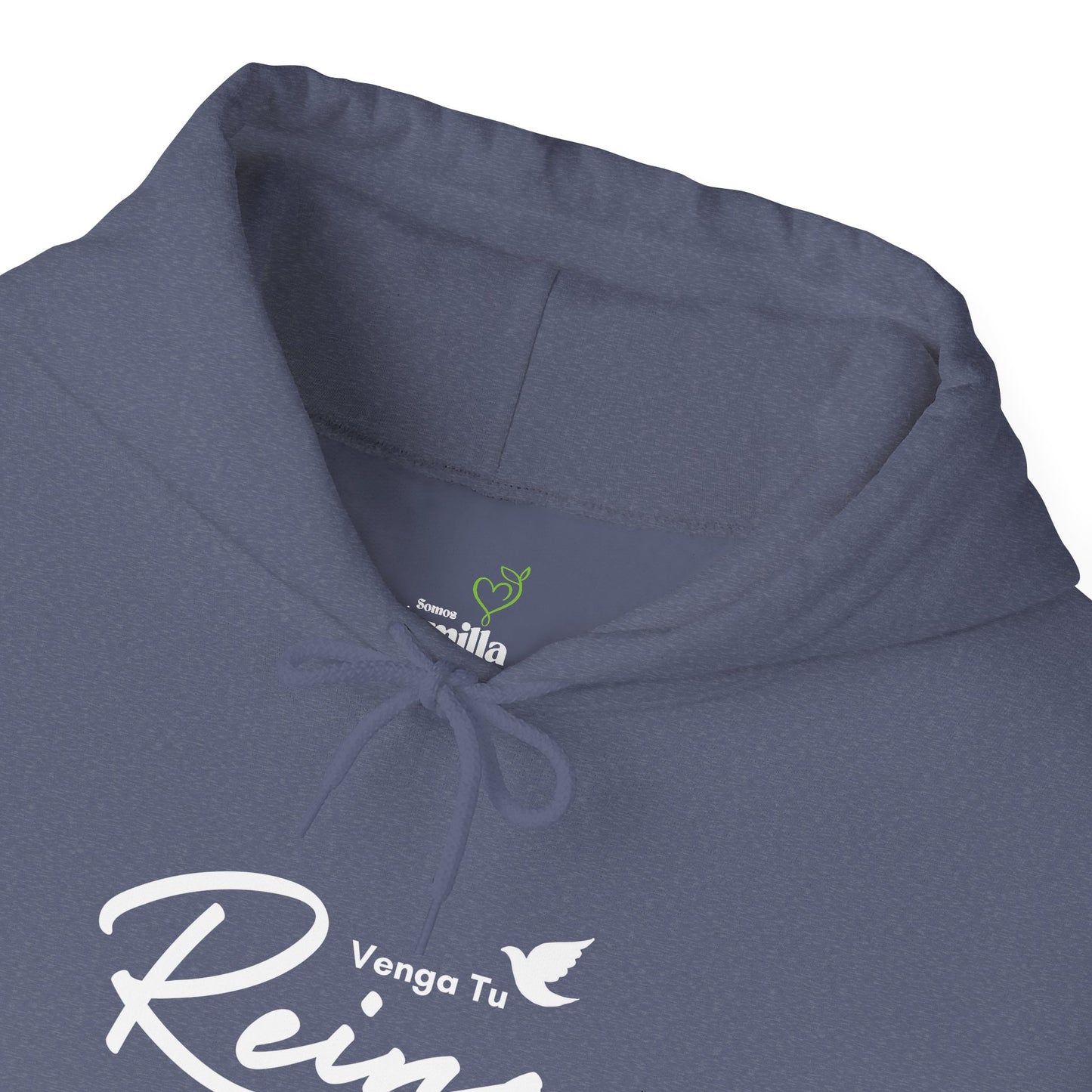 Blue Christian hoodie with 'Venga Tu Reino' and dove graphic in white print