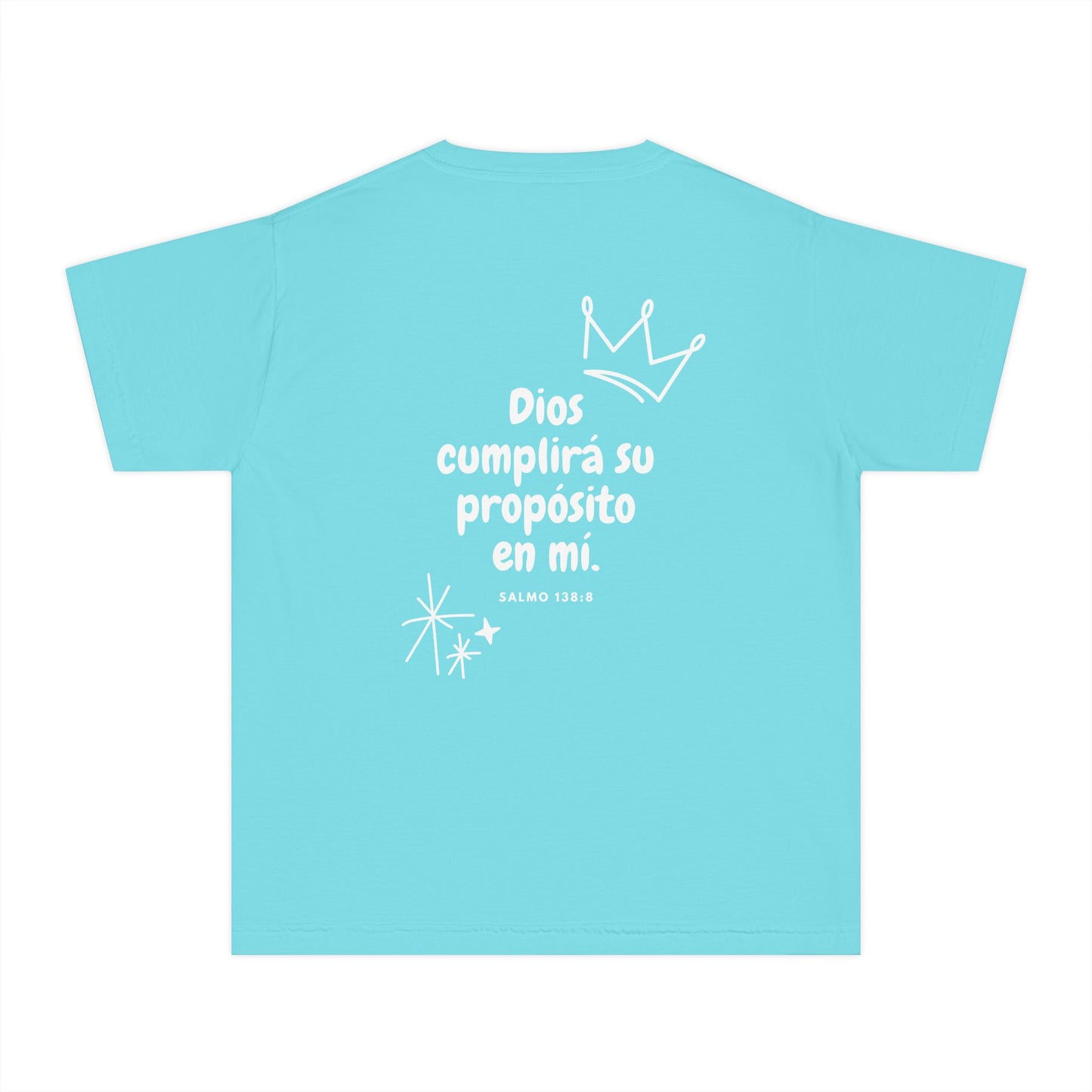 Light blue Christian t-shirt with Spanish Bible verse, crown and star illustrations.