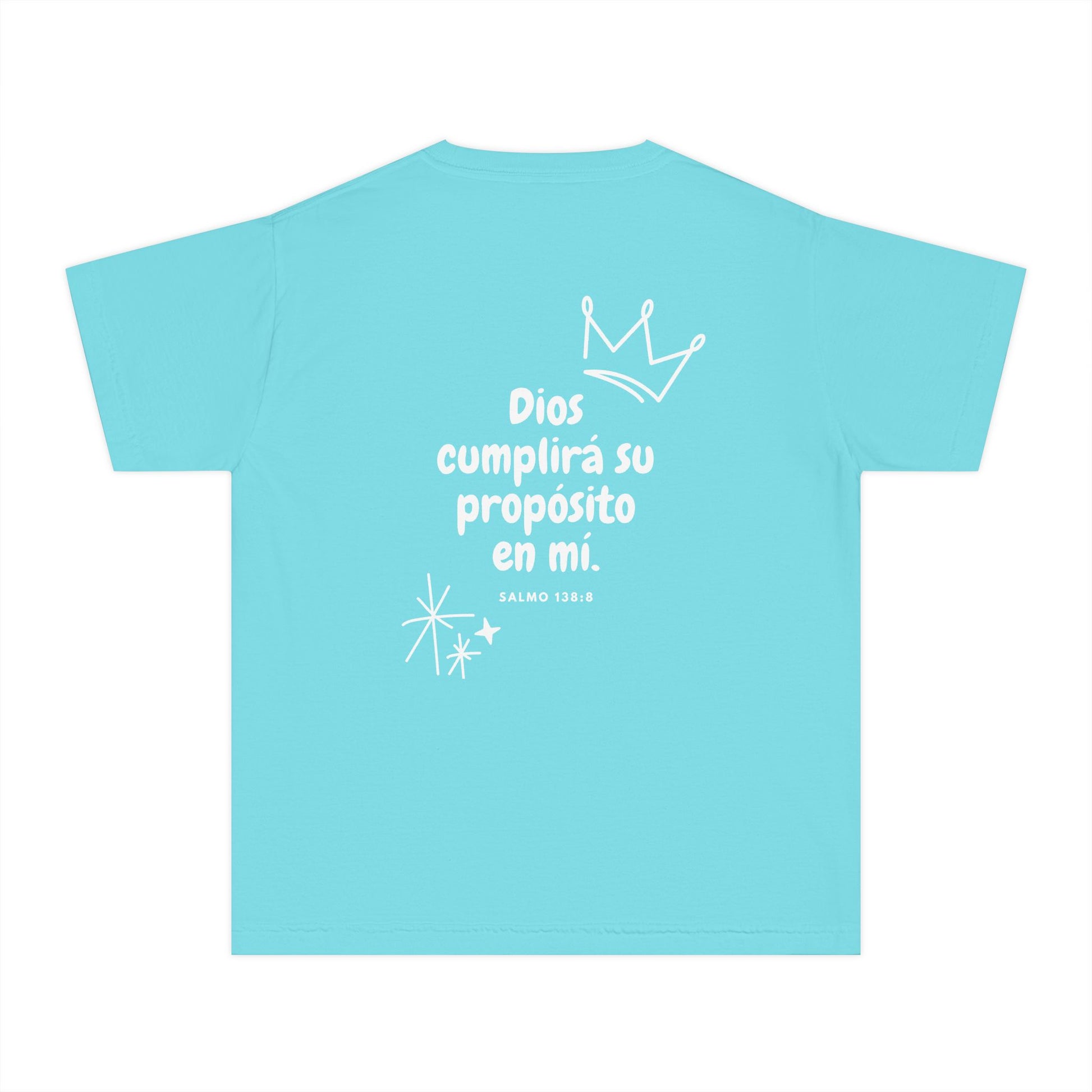 Light blue Christian t-shirt with Spanish Bible verse, crown and star illustrations.