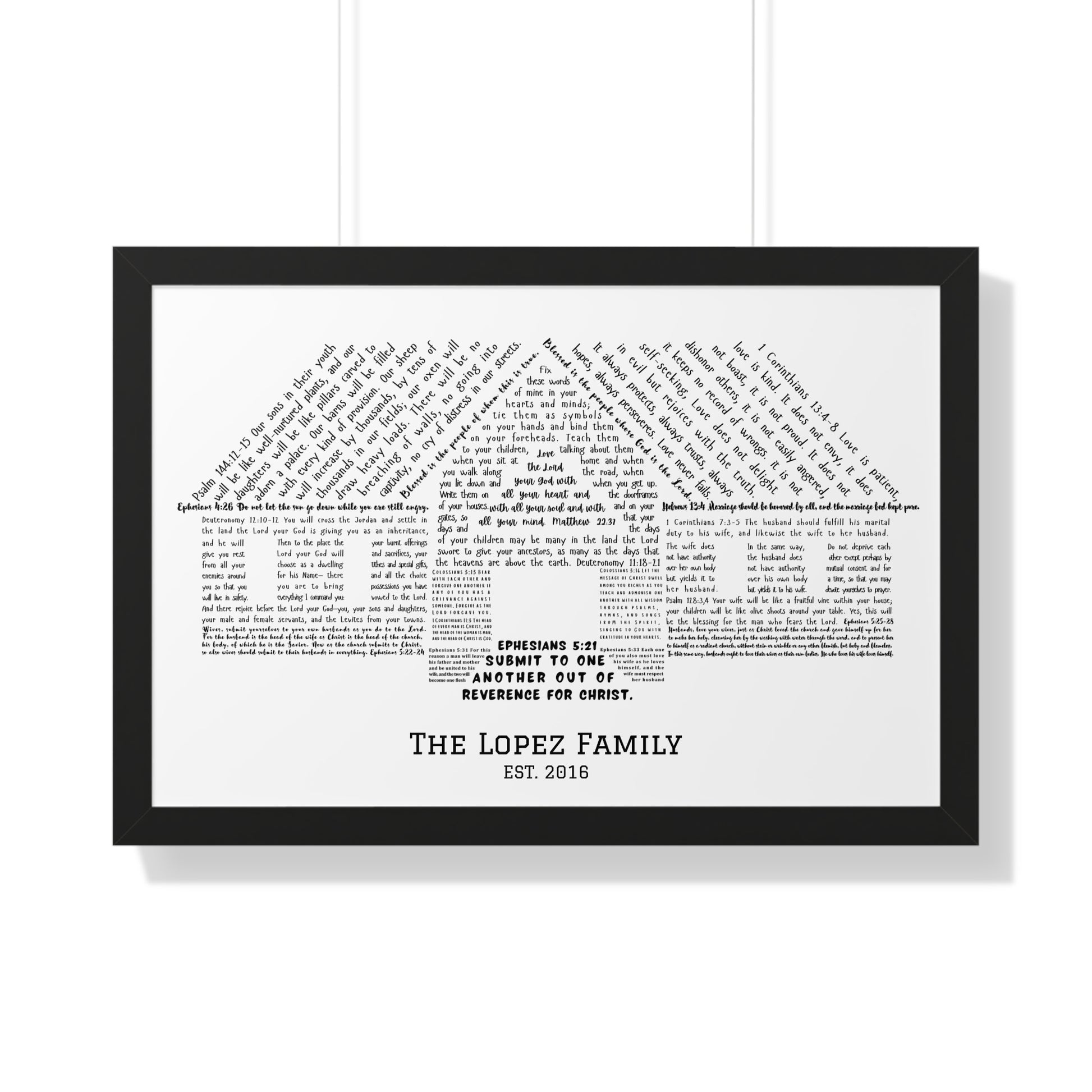 Custom Christian family wall art print with Bible verses shaped as a house, black frame